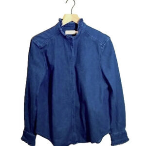 & OTHER STORIES Ruffle Trim Denim Shirt In Dark Blue Wash size 8